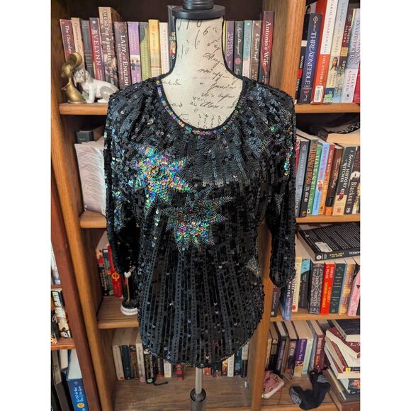 Vintage Tops - Vintage 80s 90s Silk Handbeaded Womens Size XL Sequin Blouse Top Shirt New Years